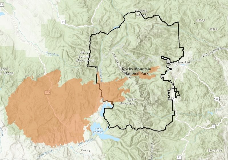The East Troublesome Fire (shown in orange) burned into the west side of the park, across the Continental Divide, and down towards Estes Park, CO.