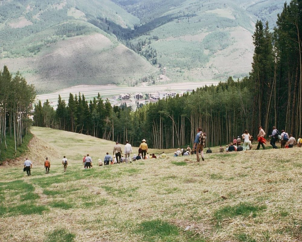 The 1974 HAR Field Tour, inspecting one-month-old revegetation at Vail Ski Area.
